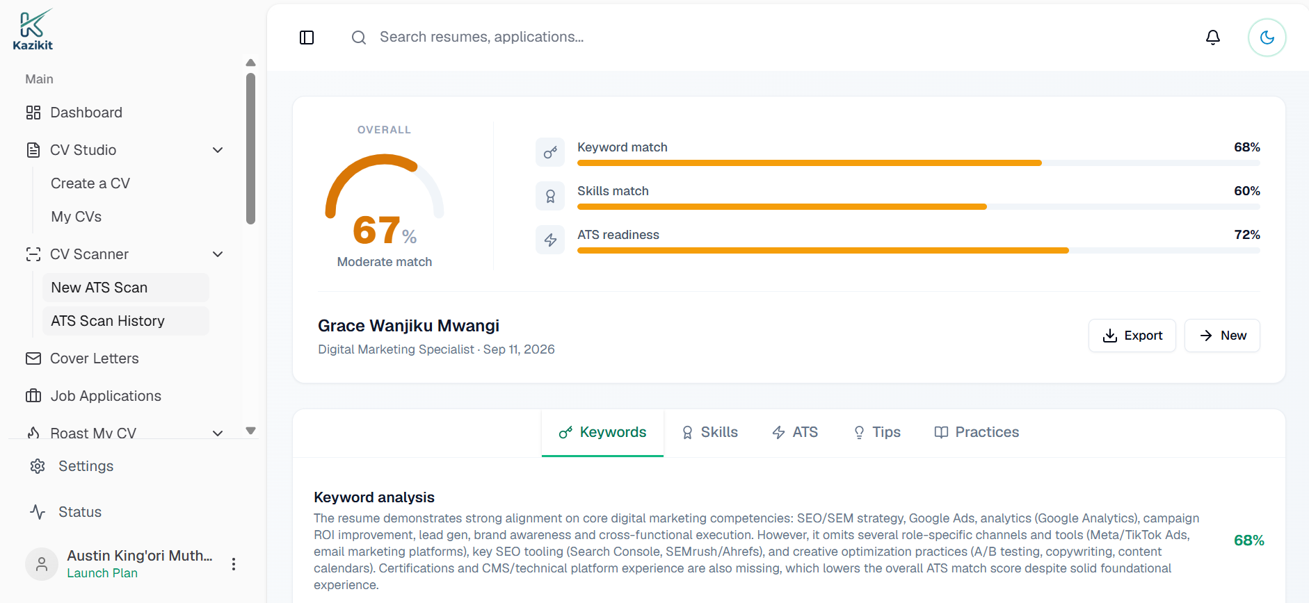 KaziKit ATS resume checker showing an 87% overall score with keyword match, skills match, and ATS readiness breakdown